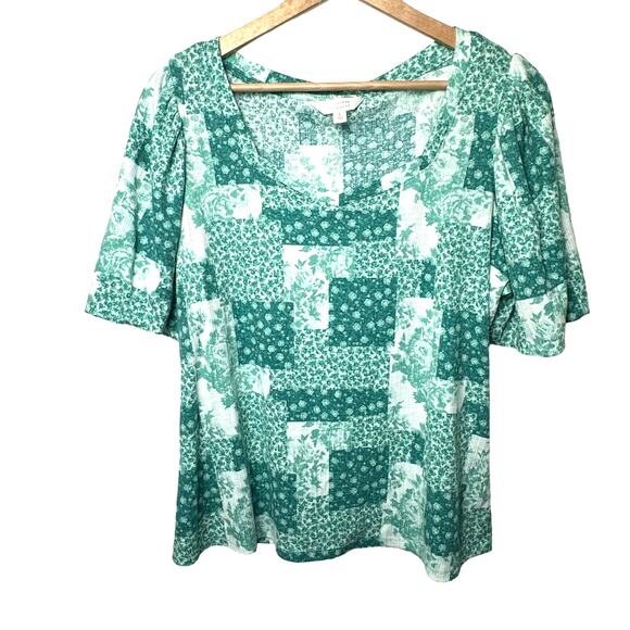 LC Lauren Conrad Green White Patchwork Print Bubble Sleeve Top Size Large - Picture 1 of 4